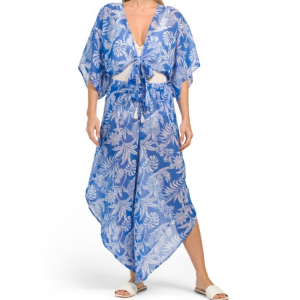 BLEU ROD BEATTIE A Place In The Sun Sheer Blue Tropical Print Cover-up Top NWT